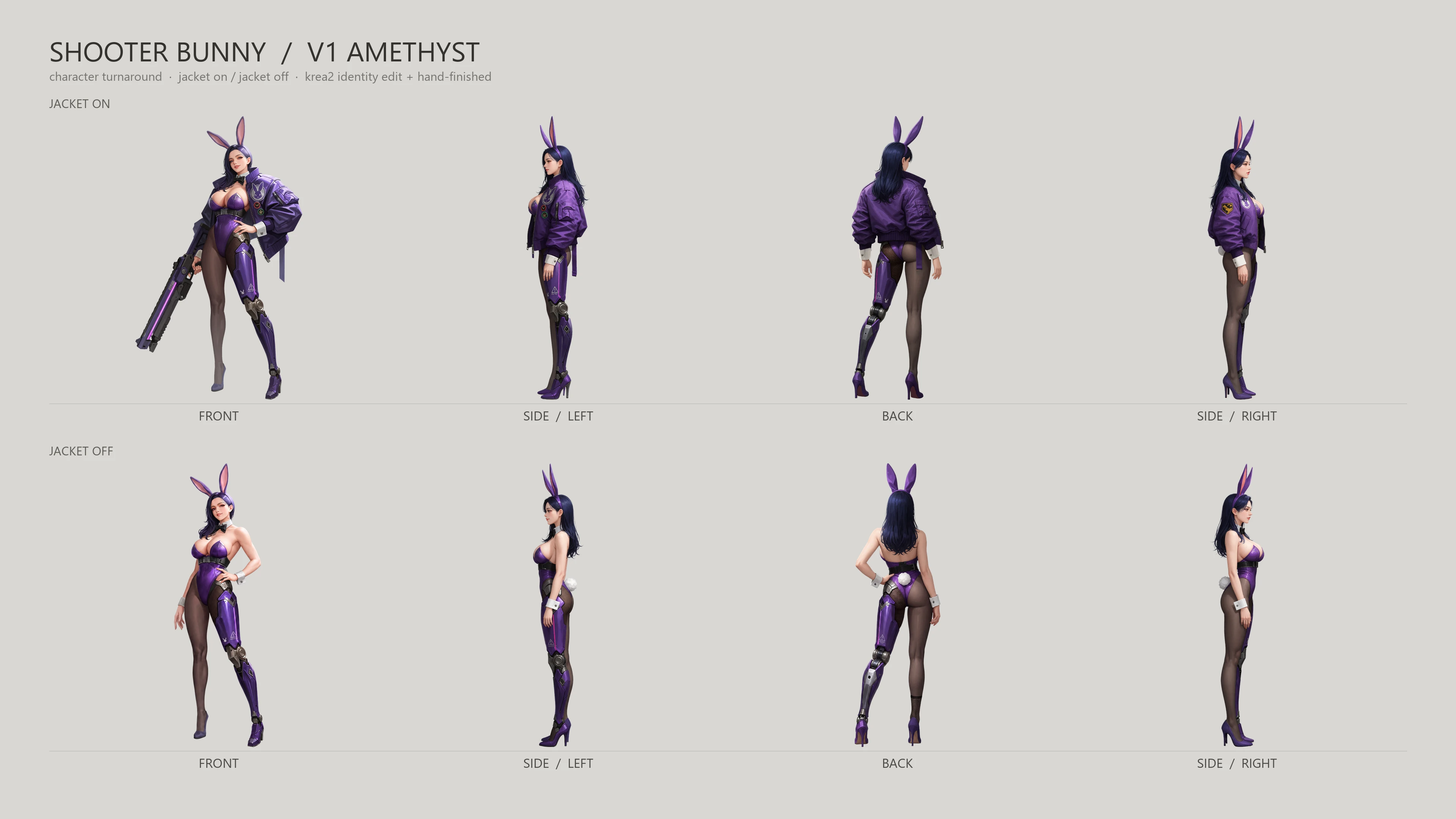 Character sheet — jacket on / jacket off turnarounds