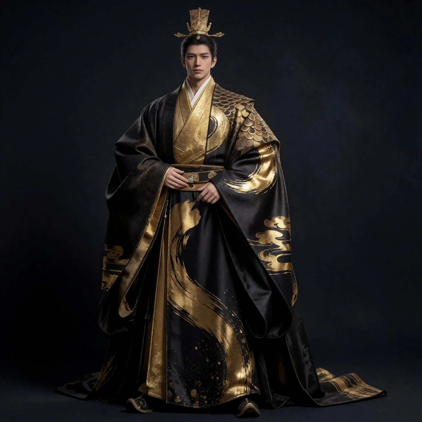 Original character design — the same black-and-gold robes carried into the splash.