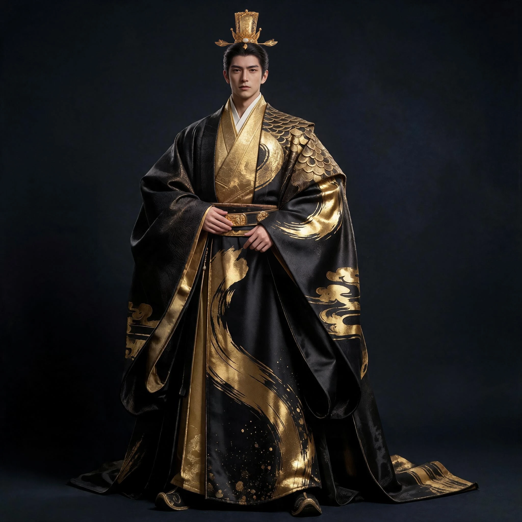 Original character design — the same black-and-gold robes carried into the splash.