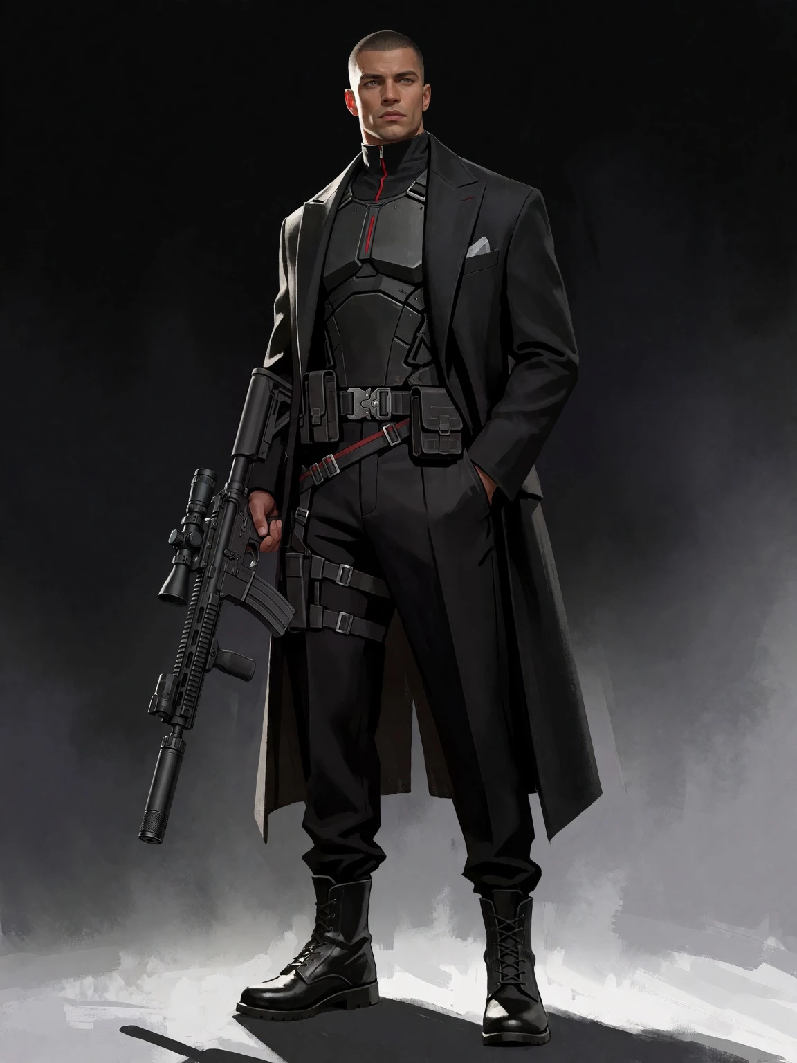Male of the pair — matching matte-black tailoring, gunmetal hardware, blood-red accent.