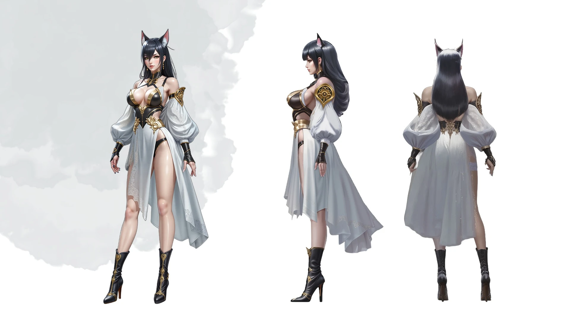 Front / side / back — the same costume held through the turnaround.