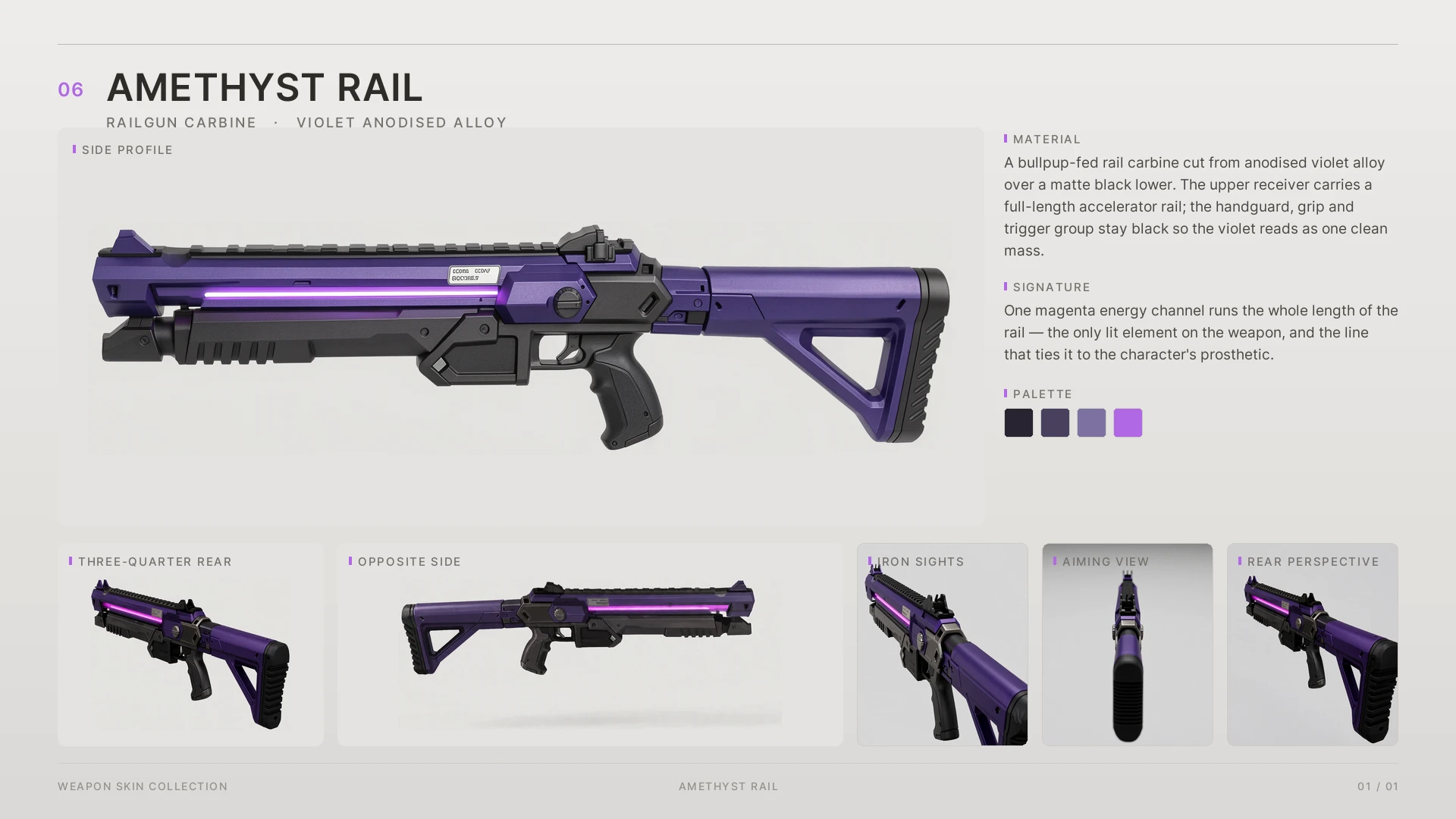 Weapon sheet — coil rifle, six views plus iron-sights pass