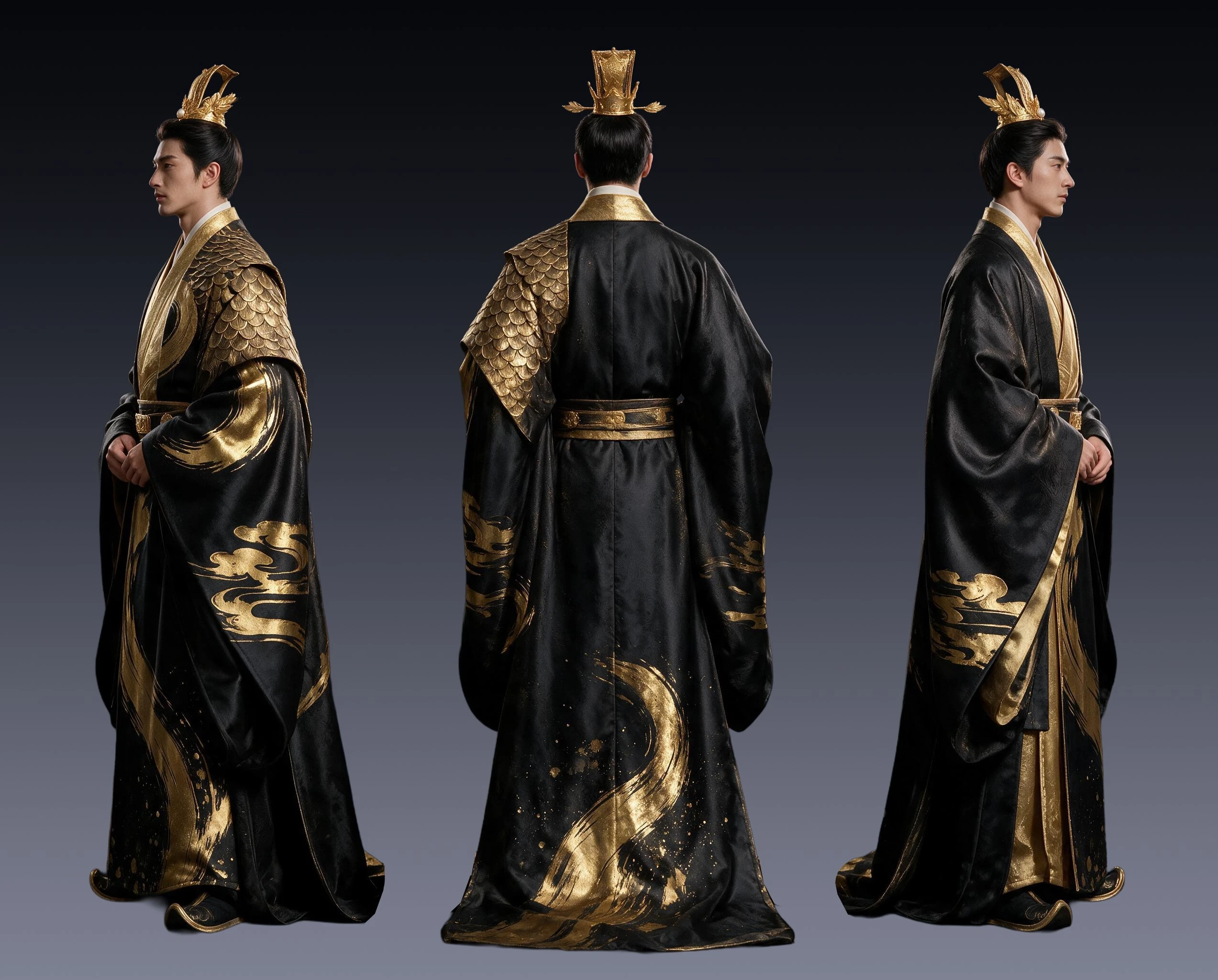Three-view turnaround — left profile, back and right profile, directed from the locked concept.